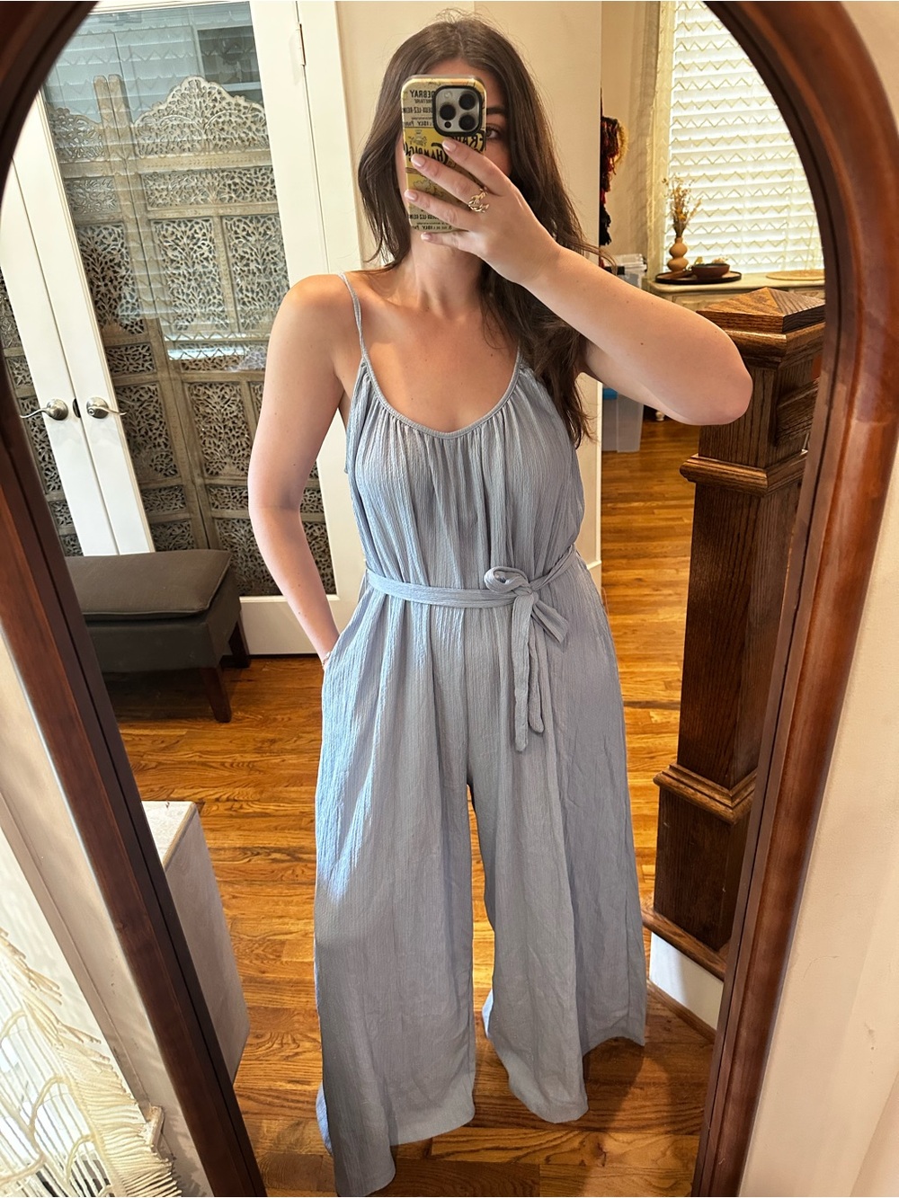H&M light Blue Wide-Leg Gauze Jumpsuit with Tie Waist